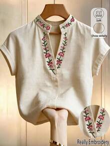 Louniche 女款夏季復古刺繡立領短袖襯衫，白色溫柔風V領花卉上衣，修身百搭通勤與度假風 - 杏色 - 查看 2