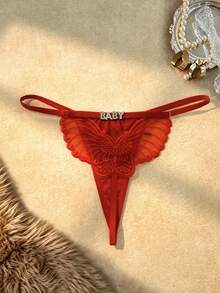 Bare Chapter 1pc Milk Silk Sequins Letter & Sequin Butterfly Embroidered Thong - Red - View 5