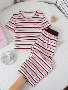 SHEIN 青少年女孩針織條紋圓領休閒T恤與長褲2件套 - 粉色 - 查看 6