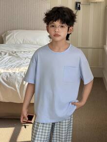 DAZY Tween Boy Summer Casual Comfortable Pocket Tee And Plaid Shorts Pajama Set Spring - Blue - View 7