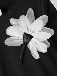 SHEIN 優雅 3D 花卉長袖女童洋裝，春/秋季洋裝，長袖洋裝，適合日常穿著、度假、學校、週末穿搭，適用於各種場合 - 黑色 - 查看 4