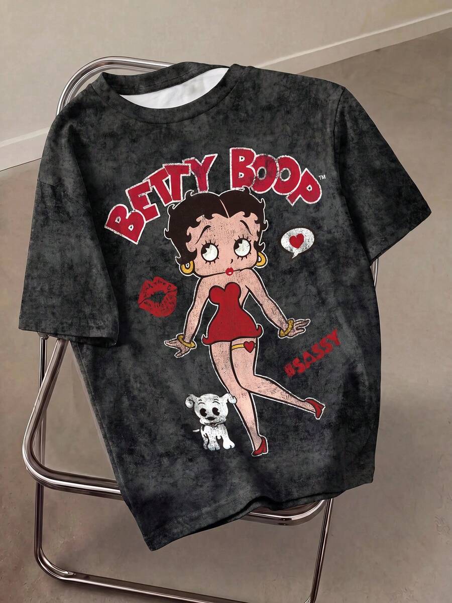 Betty Boop x SHEIN Plus Size Graphic Print Round Neck Short Sleeve T-Shirt, Summer - White - View 1