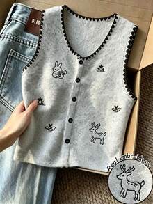 Resyla Women's Cartoon Embroidered Front Button Vest - Grey - View 1