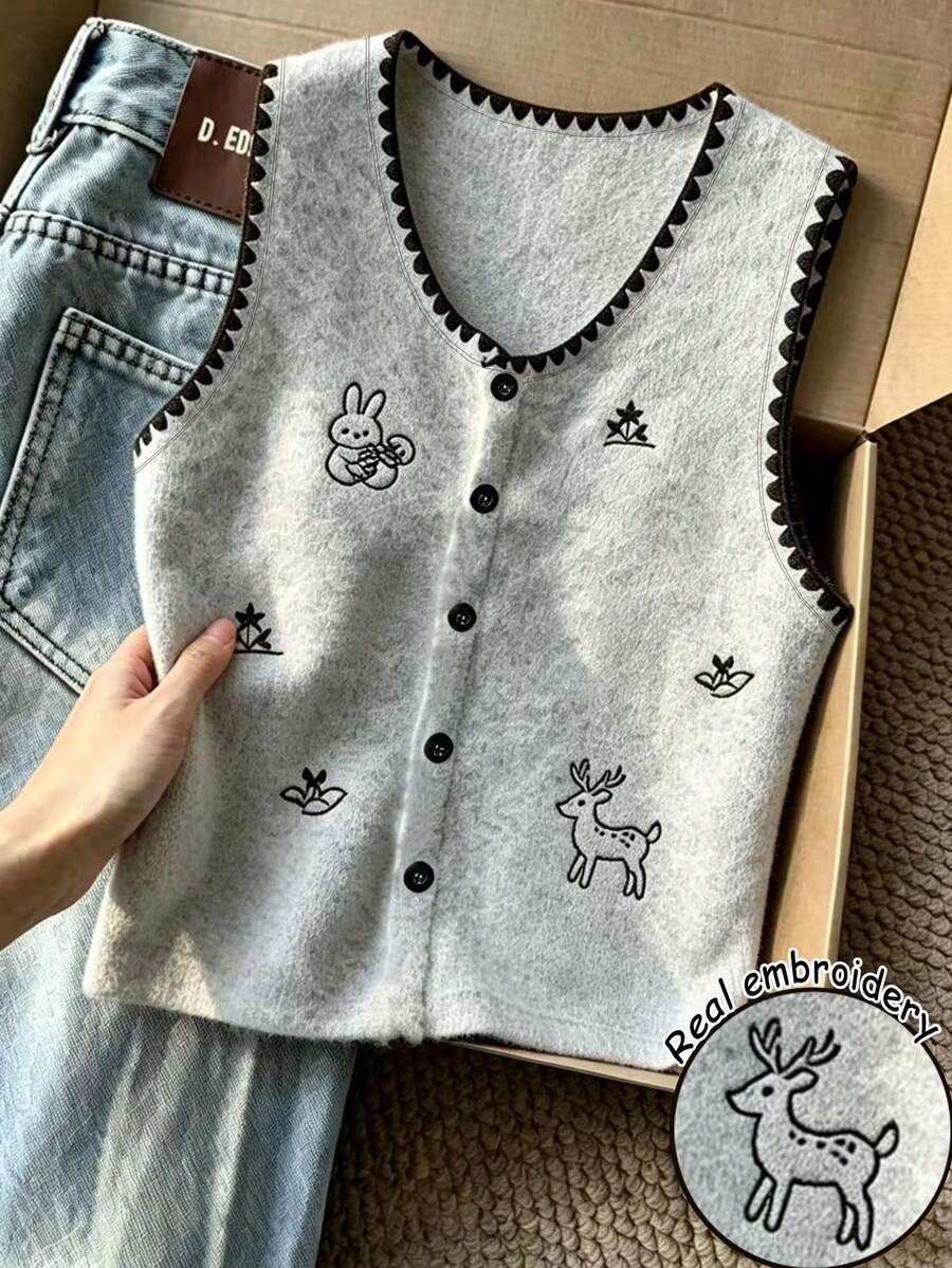 Resyla Women's Cartoon Embroidered Front Button Vest - Grey - View 1