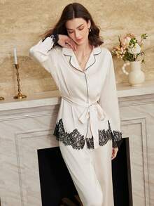 Moireta French Elegant Romantic Lace Contrast Color Women's Satin Pajama Set - Apricot - View 6