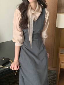 DAZY Solid Color Fitted Waist V-Neck Sleeveless Tank Dress, Elegant Formal Vacation Spring/Autumn Midi Dress For Women - Grey - View 5