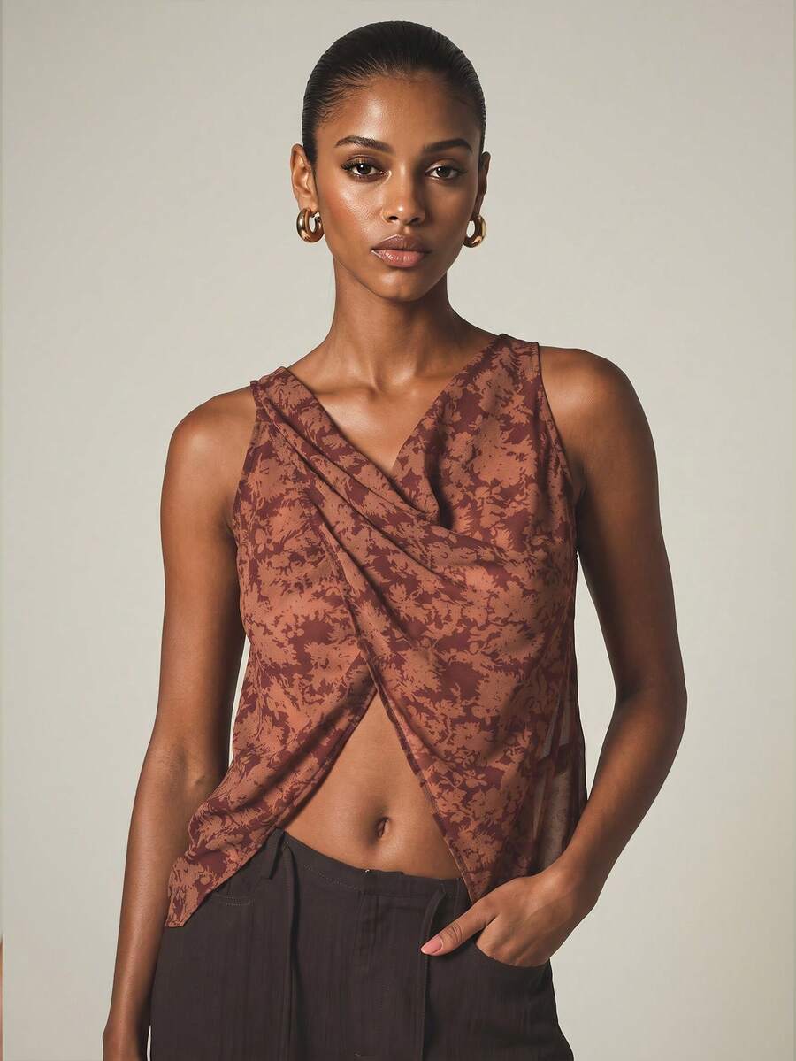 KSTM Floral Jacquard Cowl Neck Sleeveless Crop Top With Twist Front Cutout Detail For Date Night - Multicolor - View 1