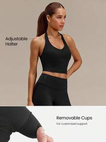 GLOWMODE FeatherFit™ Sculpt & Support 套裝，含掛脖式運動內衣（可調式肩帶）與蜜桃塑形緊身褲（Corehold 腰束），適合健身訓練 - 黑色 - 查看 4