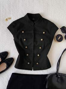 Comfortcana Women's Solid Color Studded Decor Casual Versatile Daily Wear Jacket - Black - View 1
