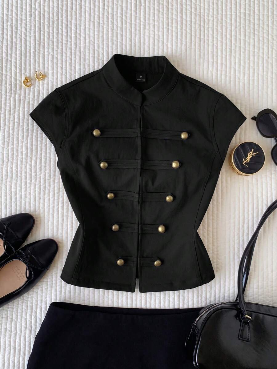 Comfortcana Women's Solid Color Studded Decor Casual Versatile Daily Wear Jacket - Black - View 1