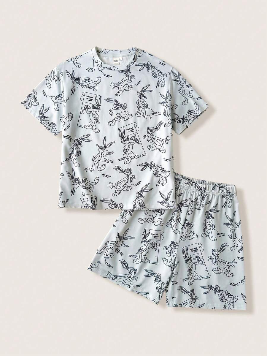 LOONEY TUNES X SHEIN 青少年男孩卡通印花短袖上衣與短褲家居服 - 灰色 - 查看 1