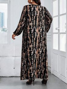SHEIN Lady Plus Size Women's All-Over Print Notch V-Neck Lantern Sleeve Loose Fit Dress Fall - Multicolor - View 2