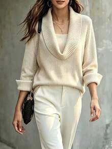 SHEIN Designer Scarf Layering Versatile Elegant Commute Office Travel Knitted Pullover Sweater - Apricot - View 1