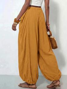 Zivah Women's Designer Drawstring Waist Pleated Long Pants For Beach Vacation - Mustard Yellow - View 2
