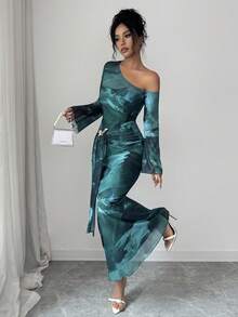 Elenzga Women's Autumn Dark Teal Mesh Printed Asymmetric Neck Long Sleeve Fitted Dress Metal Butterfly Decoration, Dating Night Out Party Sexy Elegant - Dark Green - View 4