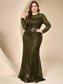Coutiva Plus Size Sequin Formal Evening Gown - Army Green - View 4