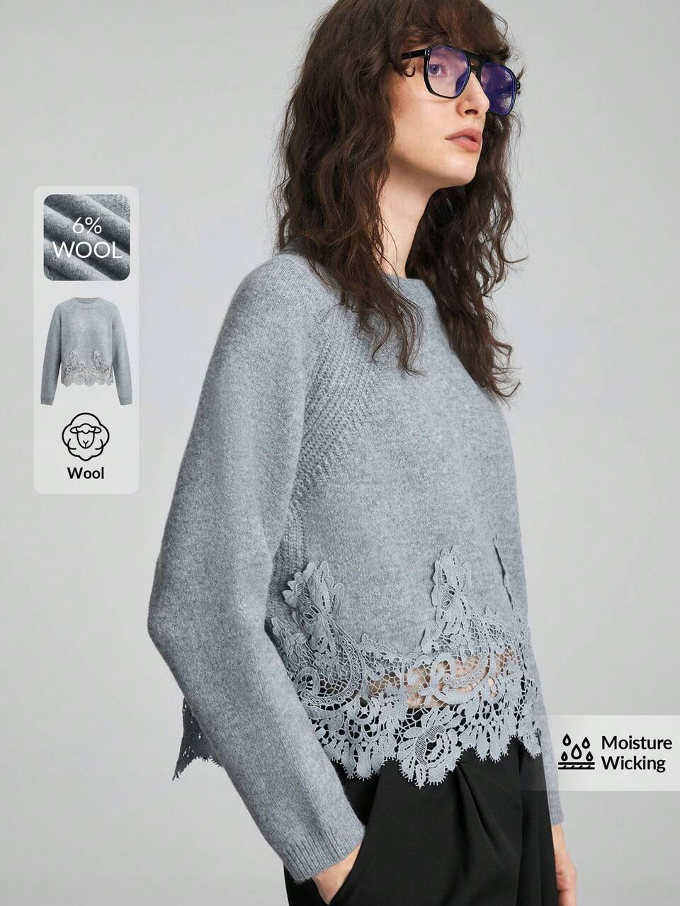 2026 New Autumn Women's Loose Fit Solid Gray Long Sleeve Knit Sweater, Round Neck Lace Patchwork Design, Casual Commute Urban Modern Minimalist Elegant Tea Party Independence Day Old Money Style Teacher Office Wear Holiday Vacation Date Outwear Fashion Versatile Women's Sweater