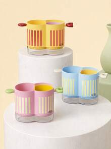Joivida 1PC Dopamine Color Divided Utensil Holder, Dual Compartment Plastic Cutlery Storage Basket With Vertical Stripes And Cute Handle Decor, Built With Hollow Draining Structure And Transparent Water Collecting Tray, Effectively Separates Wet Tableware - Multicolor - View 2