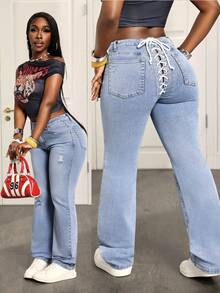 Slaydiva Women's Casual Washed Distressed Cross Tie Waist Jeans - Blue - View 1