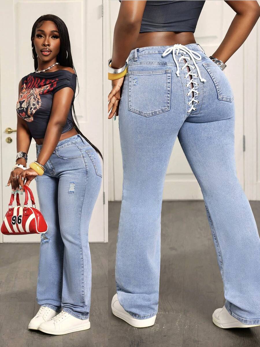 Slaydiva Women's Casual Washed Distressed Cross Tie Waist Jeans - Blue - View 1