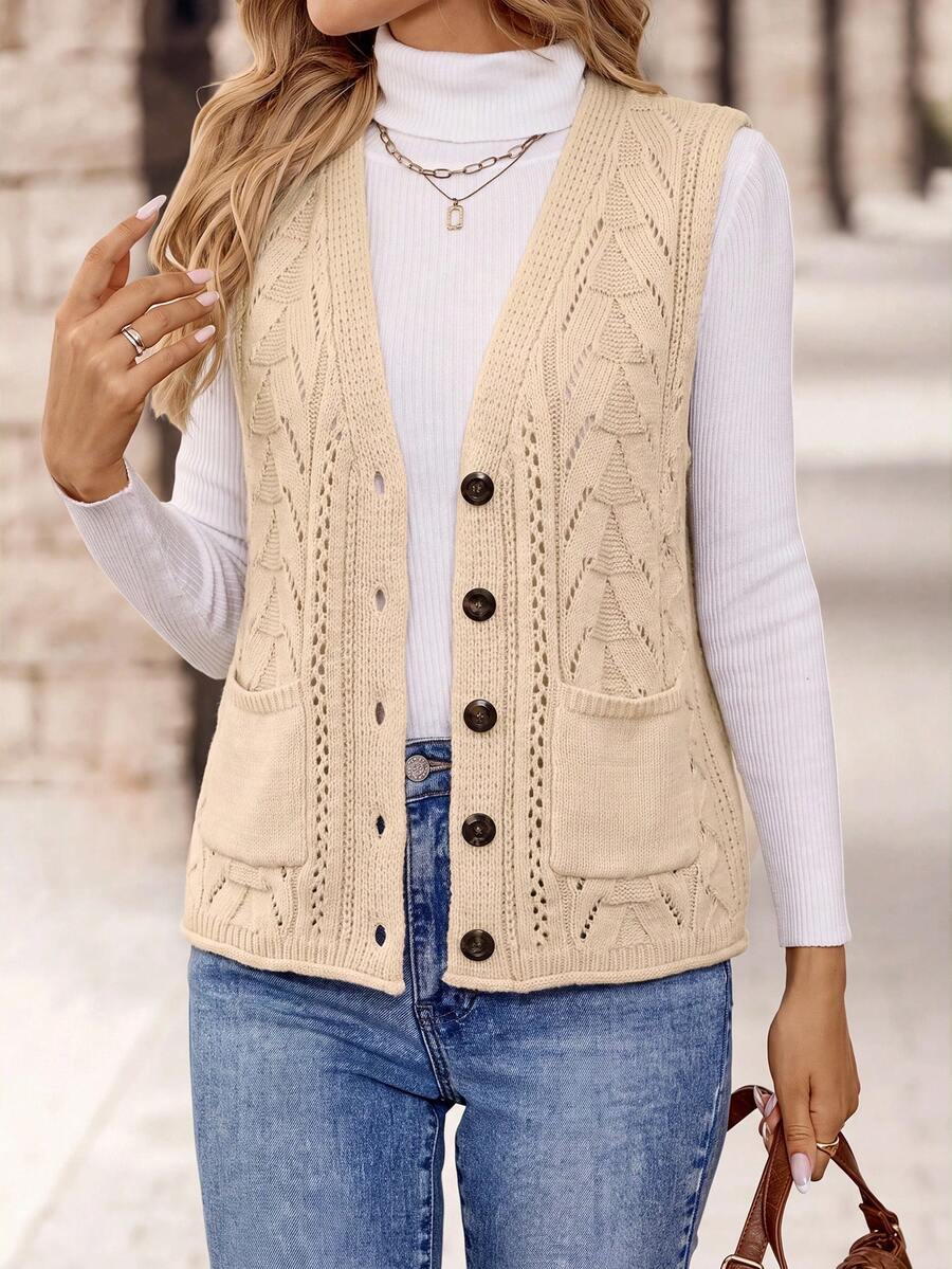 EMERY ROSE Women's V-Neck Single Breasted Pocketed Sleeveless Textured Loose Fit Sweater Vest For Daily - Apricot - View 1