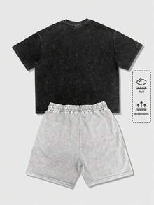 ROMWE MEN Essentials Men's Casual Minimalist Round Neck Short Sleeve T-Shirt And Drawstring Waist Pocket Shorts Set - Multicolor - View 2