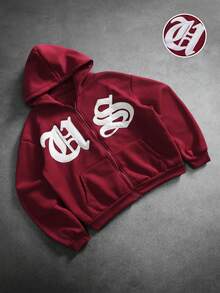 PAVTROS Men's Young Streetwear Alt Country Applique Embroidered Zip-Up Hoodie Graduation Off Campus Holiday Party Vacation Burgundy Fall, Goth - Burgundy - View 2