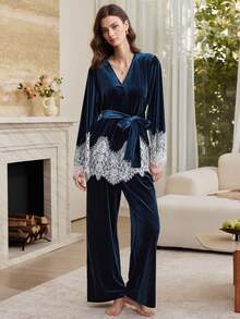 Moireta French Elegant Romantic Bell Sleeve Lace Contrast Color Women's Pajama Set - Royal Blue - View 3