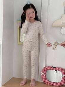 DAZY Ditsy Floral Fitted Long Sleeve Top And Long Pants 2 Pieces Set, Young Girls Ditsy Floral Round Neck Loungewear Fall - Beige - View 5