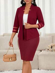 SHEIN Lady Setelan Jas Kasual Elegan Wanita Ukuran Besar Warna Polos Lengan Panjang dengan Bukaan Depan, Jaket dan Rok, untuk Kantor, Bisnis, Formal, Warna Merah, Musim Panas - Merah - View 5