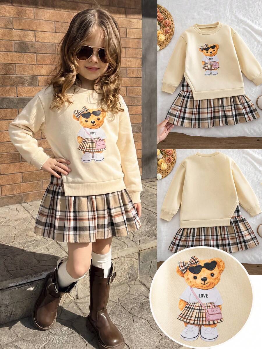 SHEIN Pakaian Kasual Serbaguna Gaya Retro untuk Anak Perempuan, Cocok untuk Musim Gugur dan Musim Dingin, Cocok untuk Jalan-jalan dan Kampus. - Khaki - View 1