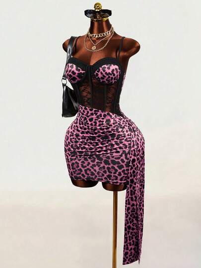Mistrie Women's Leopard Print Contrast Lace Pleated Sexy Spaghetti Strap Dress