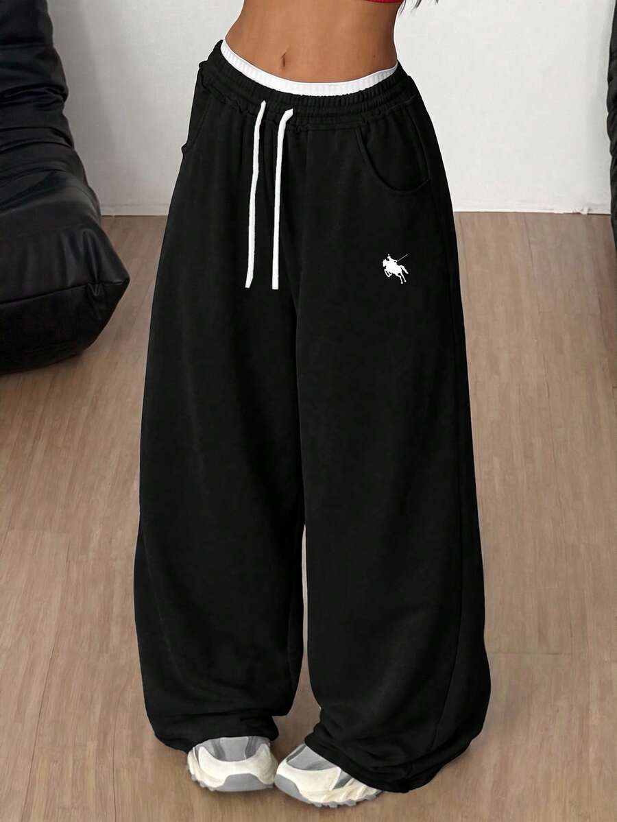 SHEIN 女童大童寬鬆休閒舒適中腰對比色抽繩運動長褲 冬季 - 黑色 - 查看 1
