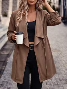 SHEIN LUNE CURVE معطف ترنش نسائي للخريف/الشتاء بياقة وكشكشة وحزام، جاكيت متوسط الطول بأكمام طويلة وخصر برباط، ملابس مناسبات للتنقل اليومي والعمل - قهوة بني - مشاهدة 7