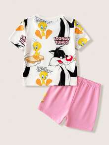 LOONEY TUNES X SHEIN 女嬰圓領短袖上衣與短褲貼身休閒家居服 - 粉色 - 查看 2