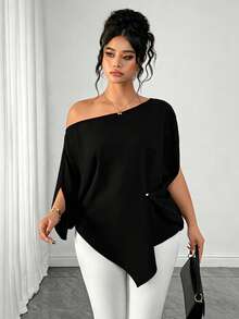 Elenzga Plus Size Solid Color Asymmetric Hem Loose Fit Blouse - Black - View 5
