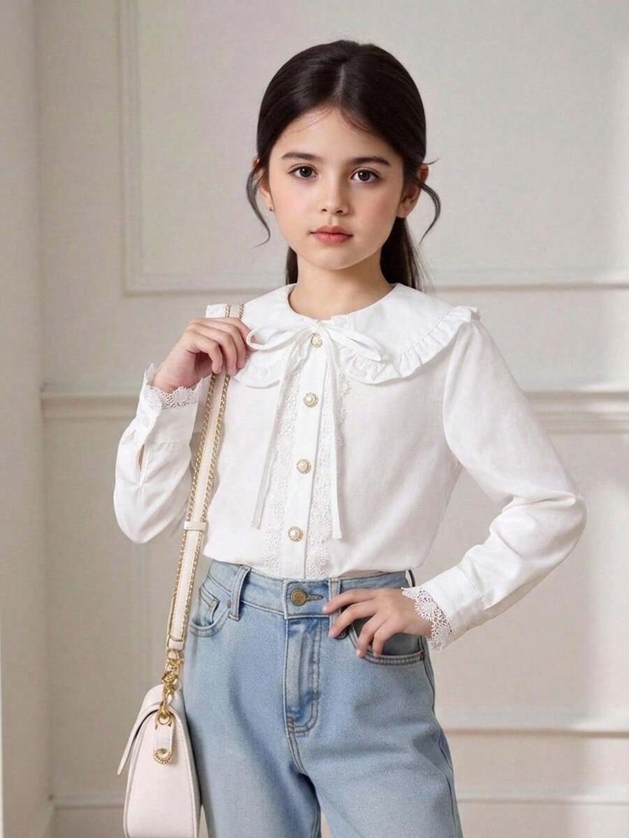 SHEIN 女童素色彼得潘領長袖襯衫 - 彩色 - 查看 1