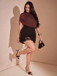 SHEIN BAE CURVE 大尺碼女款黑色A字對比蕾絲裙褲 - 咖啡棕 - 查看 3