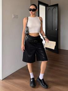 DAZY Women's High Waist Black PU Leather Shorts, Loose Casual Streetwear Commuter Office Pants, Autumn - Black - View 10