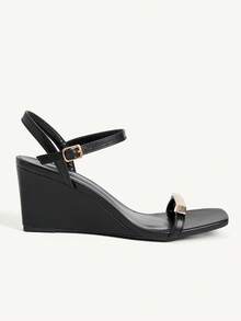 CUCCOO CHICEST Black Metal Square Buckle Wedge Sandals Women, Square Toe Open Toe Ankle Buckle Summer Commuter Shoes - Black - View 3