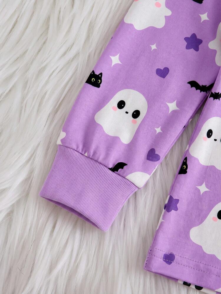 SHEIN Baby Girl Halloween Pattern Glow-In-The-Dark Cute Cartoon Ghost Print Fitted Loungewear - Dusty Purple - View 4