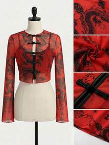 EastFlair Plus Size Women's Fashion Sexy Dragon Pattern Mesh Frog Button Top Autumn Date Night Brunch Cocktail Red - Red - View 9