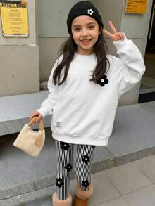 兒童青少年女孩圓領休閒老錢風落肩衛衣修身打底褲2件套 校園生日穿搭 白色 黑白配色 秋季 - 白色 - 查看 4