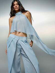 KIZN Chiffon-Crop-Top mit Neckholder, Rüschensaum, offenem Rücken, ärmellos, Bluse für Sommer, Strand, Urlaub, Party und Festival - Graublau - Übersicht 1