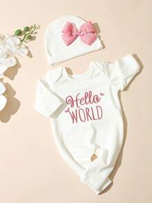 SHEIN 2件組新生女嬰攝影套裝 白色秋季 Hello World 刺繡連身褲 & 蝴蝶結帽子 趣味圖案拍照公主風套組 - 白色 - 查看 2