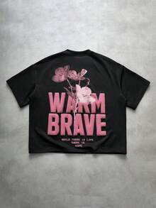 PAVTROS 男士街頭風花卉英文字母 3D 泡泡印花黑粉配色 T-shirt，適合戶外城市度假、音樂節、日常穿著，夏季款 - 黑色 - 查看 7