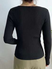 DAZY Sweater Pullover Wanita Lengan Panjang Kerah Persegi Warna Polos untuk Bisnis Kasual - Hitam - View 5