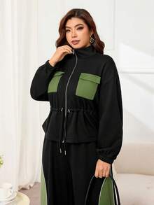 Modelyn Jaket Kasual Ukuran Besar dengan Desain Blok Warna, Resleting, Lengan Panjang, Pinggang Terikat, Potongan Longgar, Potongan Reguler untuk Musim Gugur/Musim Dingin, Liburan Keluarga, dan Mendaki. - MultiWarna - View 1