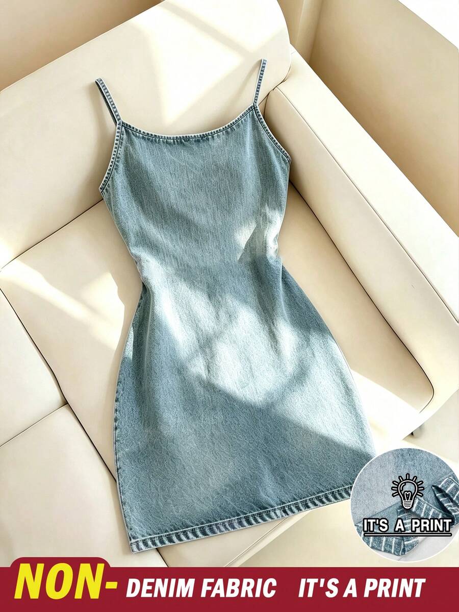 Resyla 新款热销牛仔印花修身迷你连衣裙 - 藍色 - 查看 1