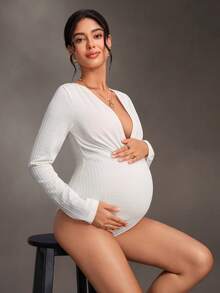 Cheriluna Maternity White Deep V-Neck Long-Sleeve Maternity Jumpsuit Knitted Texture Fabric Elasticity Slimming Four Seasons Winter - Beige - View 3